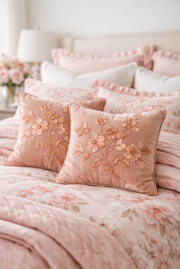 Pink bedding with copper floral embroidered throw pillows