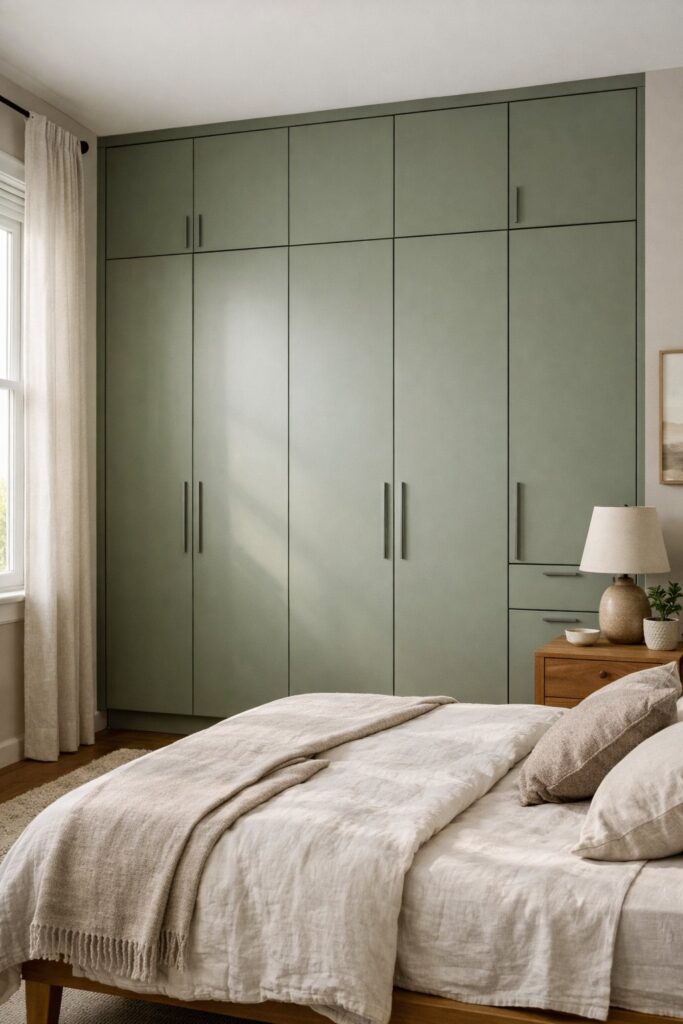 Sage green wardrobe with clean lines