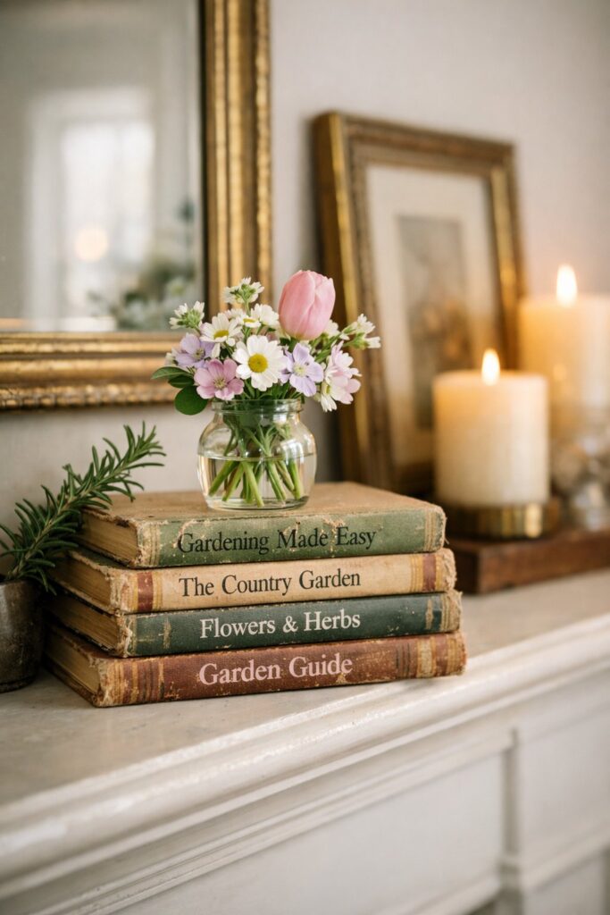 Stack old garden books with a small floral bouquet on top