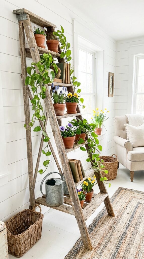 Vintage Wooden Ladder Shelf Styled with Plants