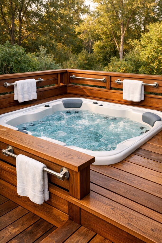 Wrap-around deck rail with towel bars