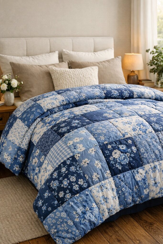 Blue floral patchwork comforter