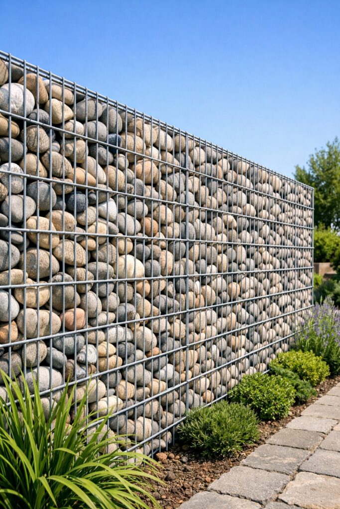 Gabion wall filled with river rocks