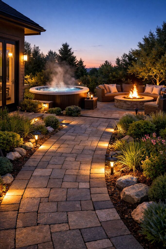 Outdoor lighting highlighting pathway from house to hot tub and fire pit