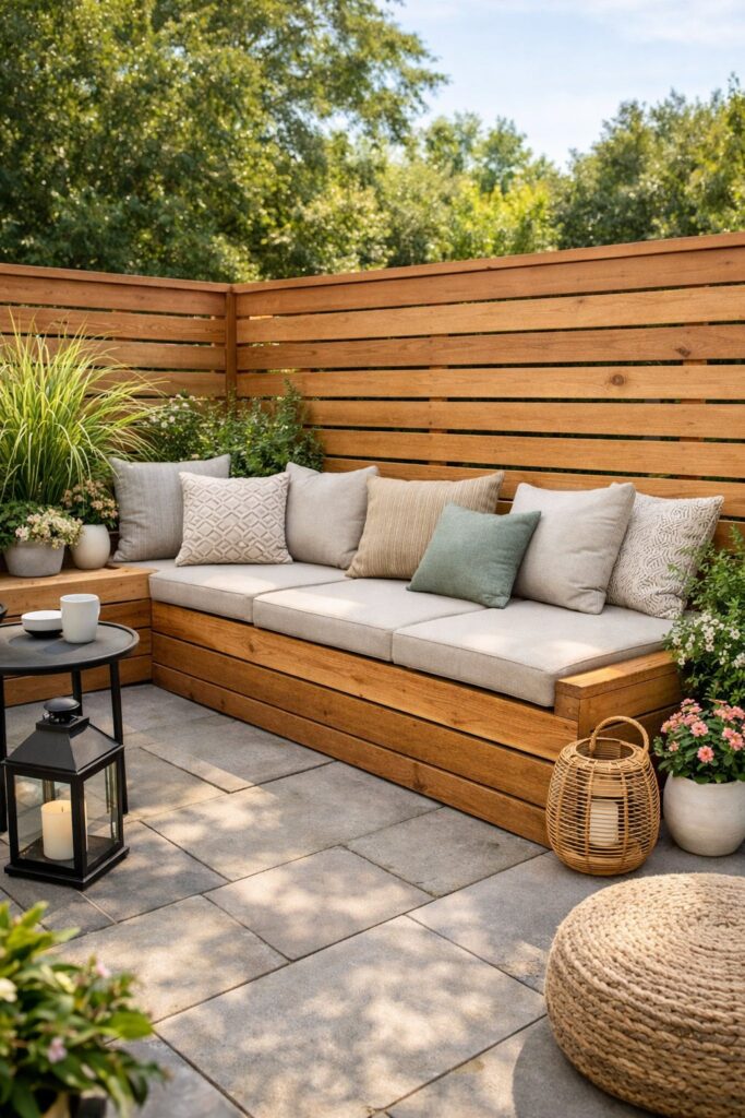 Outdoor living fence with integrated seating