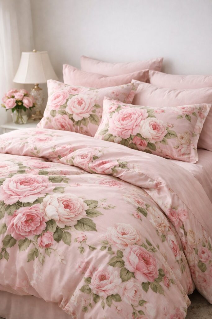 Romantic pink bedding featuring blooming garden roses