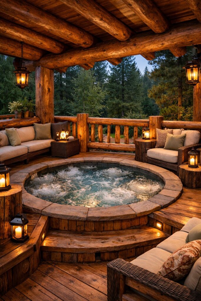 Rustic log deck with hot tub nook