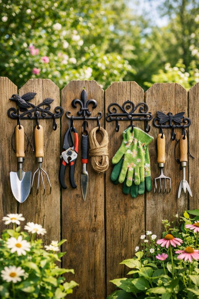 Use decorative hooks to hang garden tools