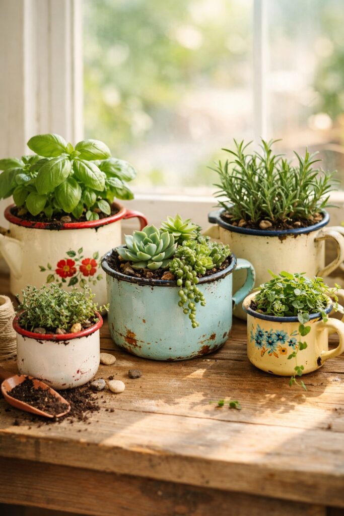 Use vintage enamelware pots as planters indoors