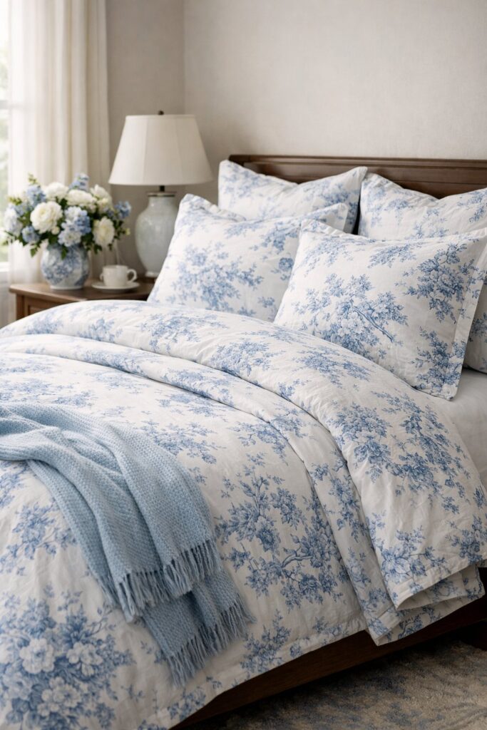 Blue floral toile bedding set