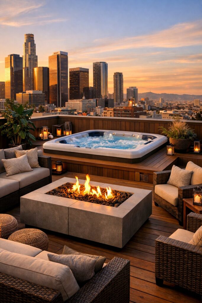 Combination of a hot tub and fire pit on a rooftop patio with city views