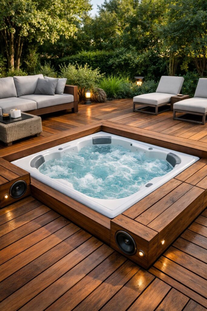 Deck with built-in music speakers near hot tub
