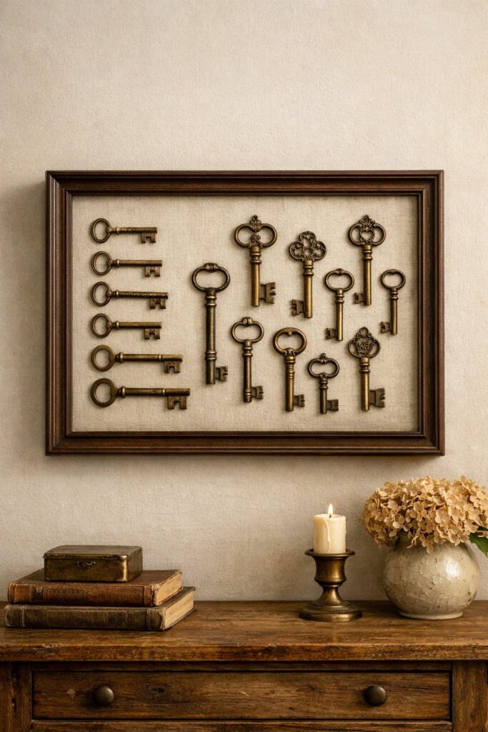 Display antique brass keys in shadow boxes