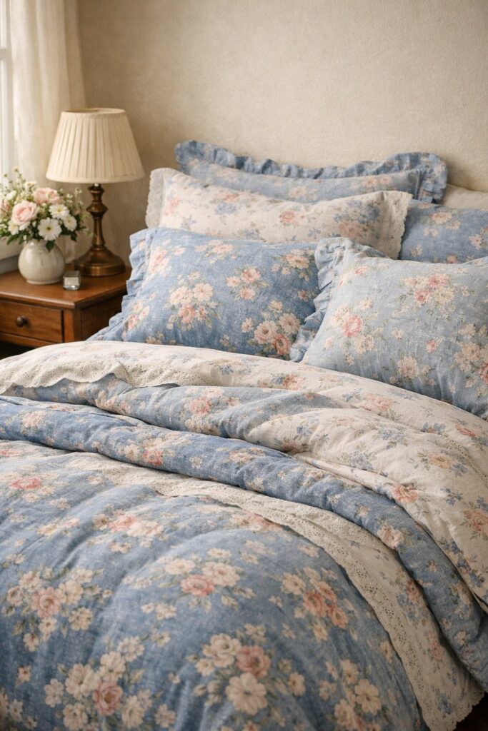 Floral Bedding in Soft Chambray