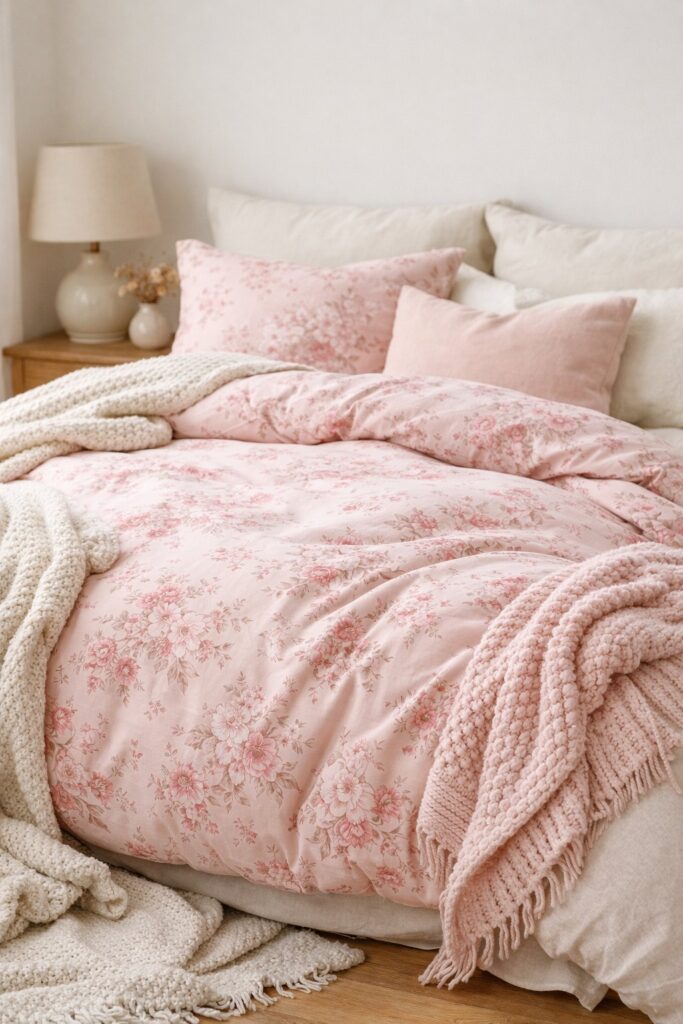 Floral-print pink duvet with cozy knitted blankets