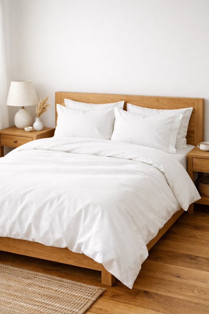 Go for minimalist whites with natural wood accents