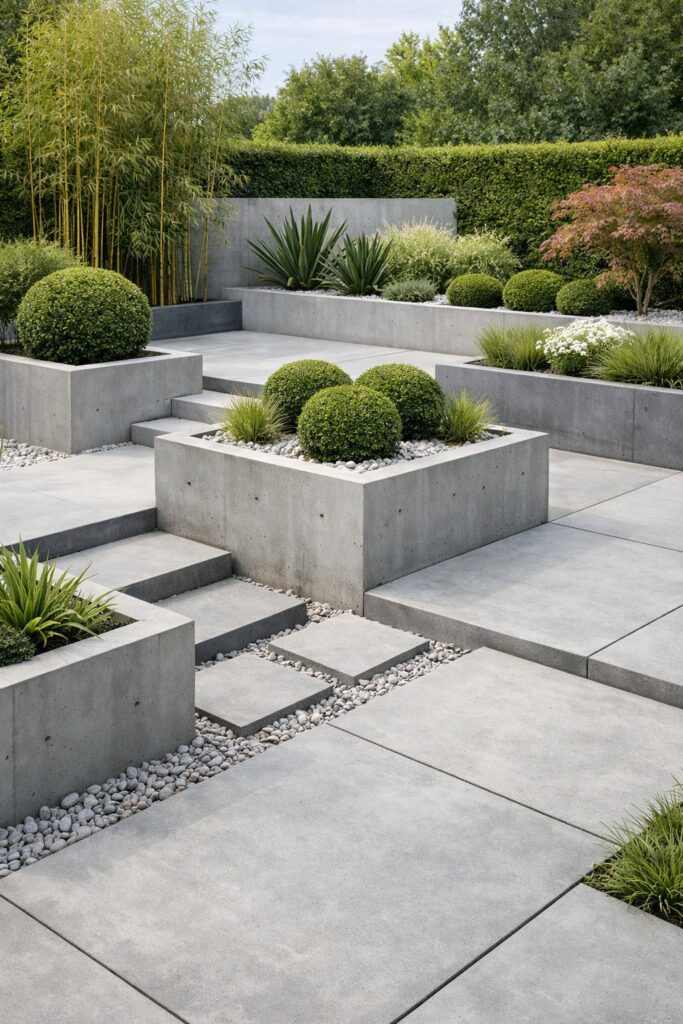 Moderner Garten mit klaren Linien und Beton