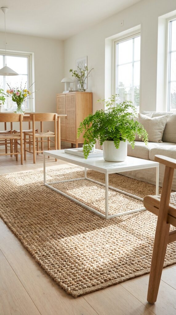 Natural jute rugs with fresh green accents