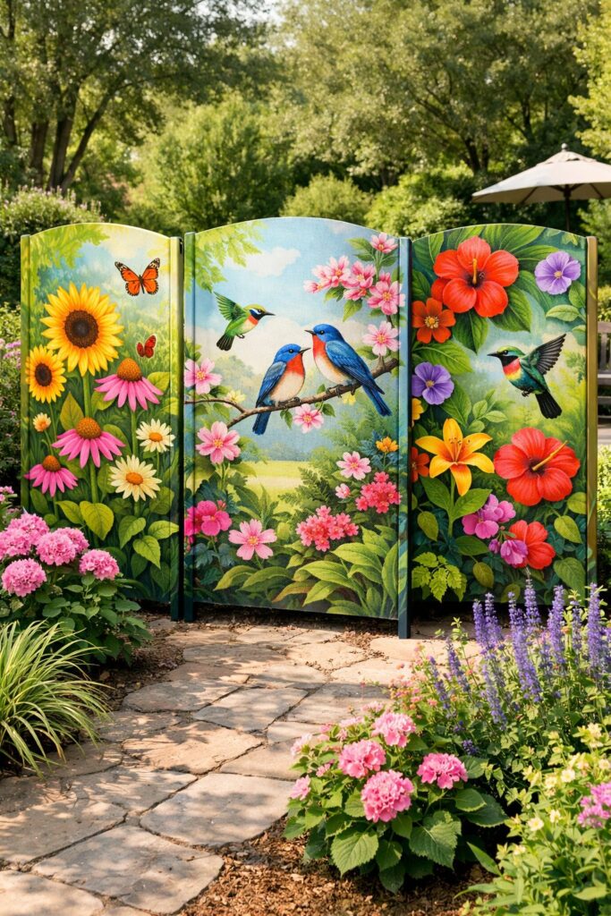 Outdoor screens painted with bright garden murals