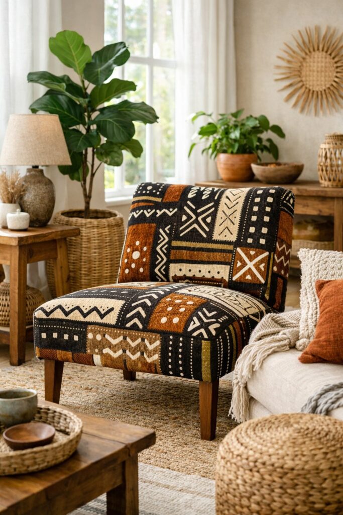 Place a mud cloth patterned upholstered chair