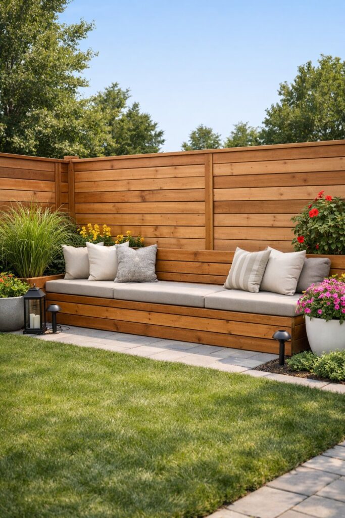 Privacy fence with built-in seating bench