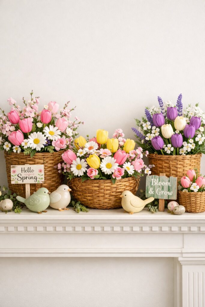 Use woven baskets filled with faux spring blooms