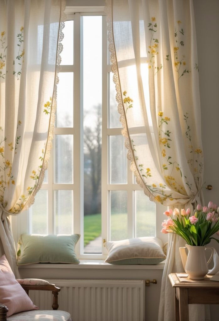 Add a retro-style linen curtain with floral patterns