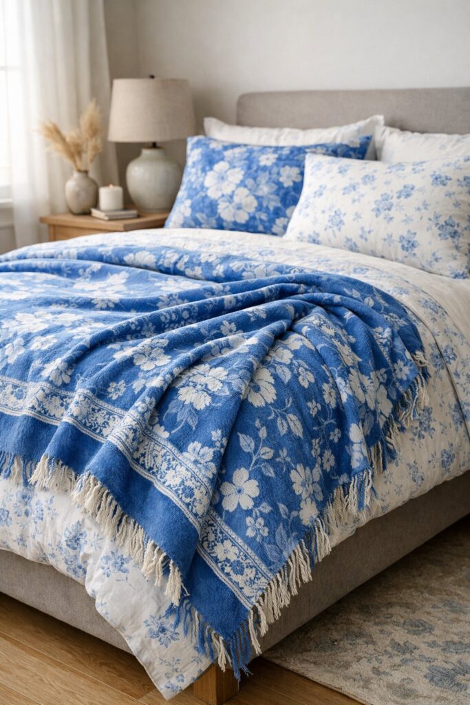 Blue floral accent throw blanket