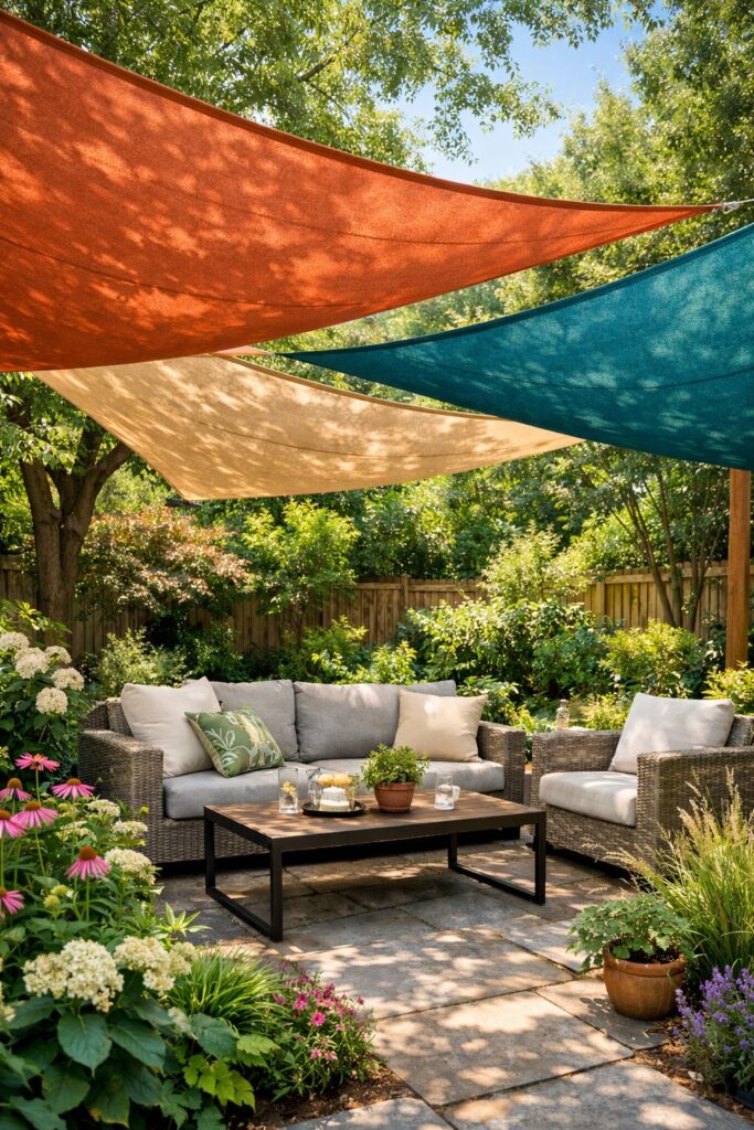 Canopies or shade sails for overhead privacy