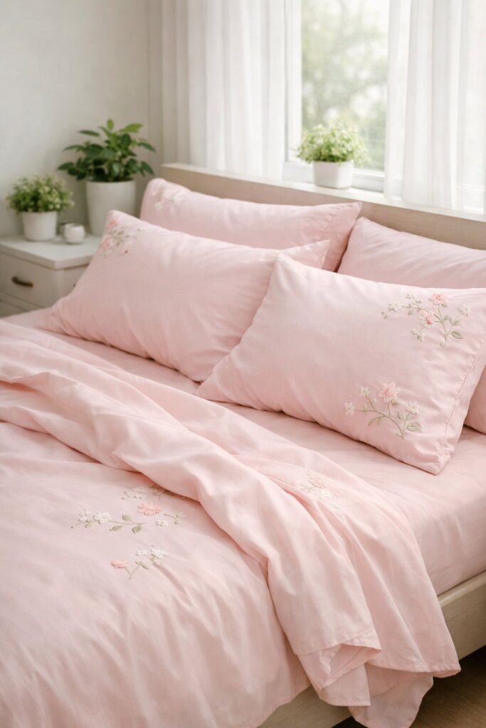 Fresh pink bedding with minimal floral accents and small plant décor