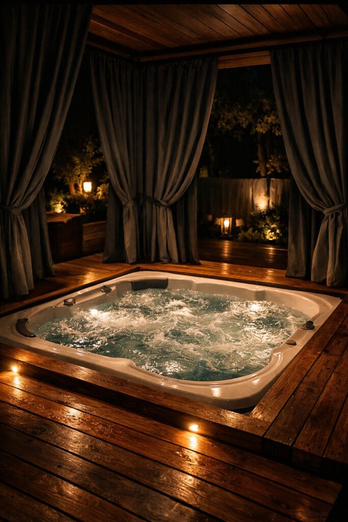 Hot tub deck with blackout curtains for night use