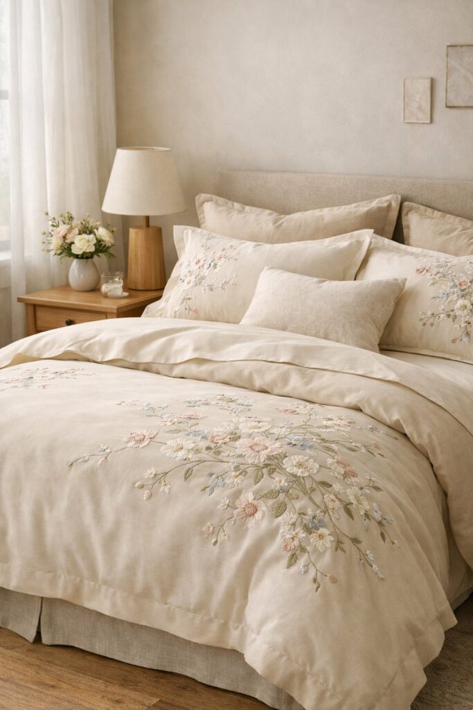 Neutral-toned bedding with floral embroidery