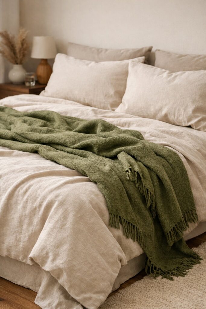Pair soft beige linens with olive green throws