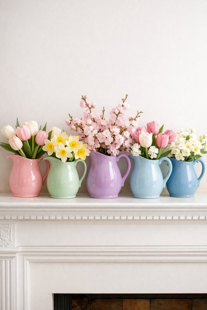 Place a set of pastel-colored ceramic pitchers