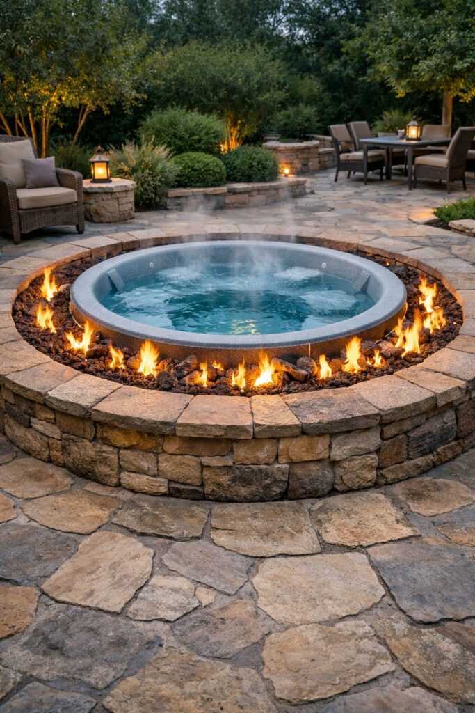 Round hot tub encircled by a circular fire pit on a large flagstone patio