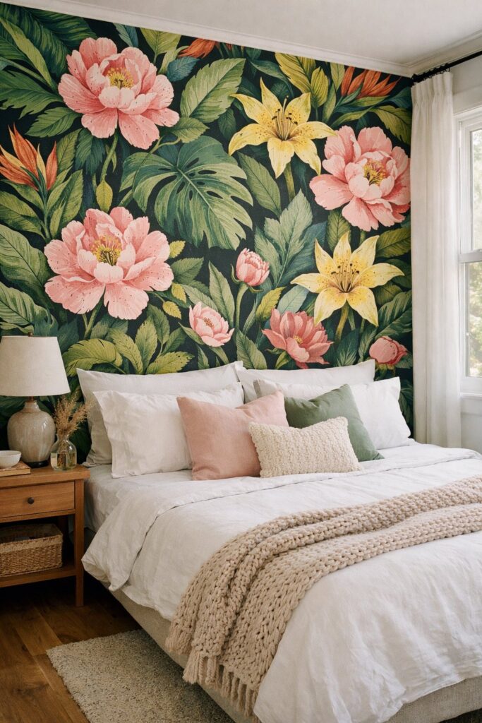 Bold botanical print accent wall