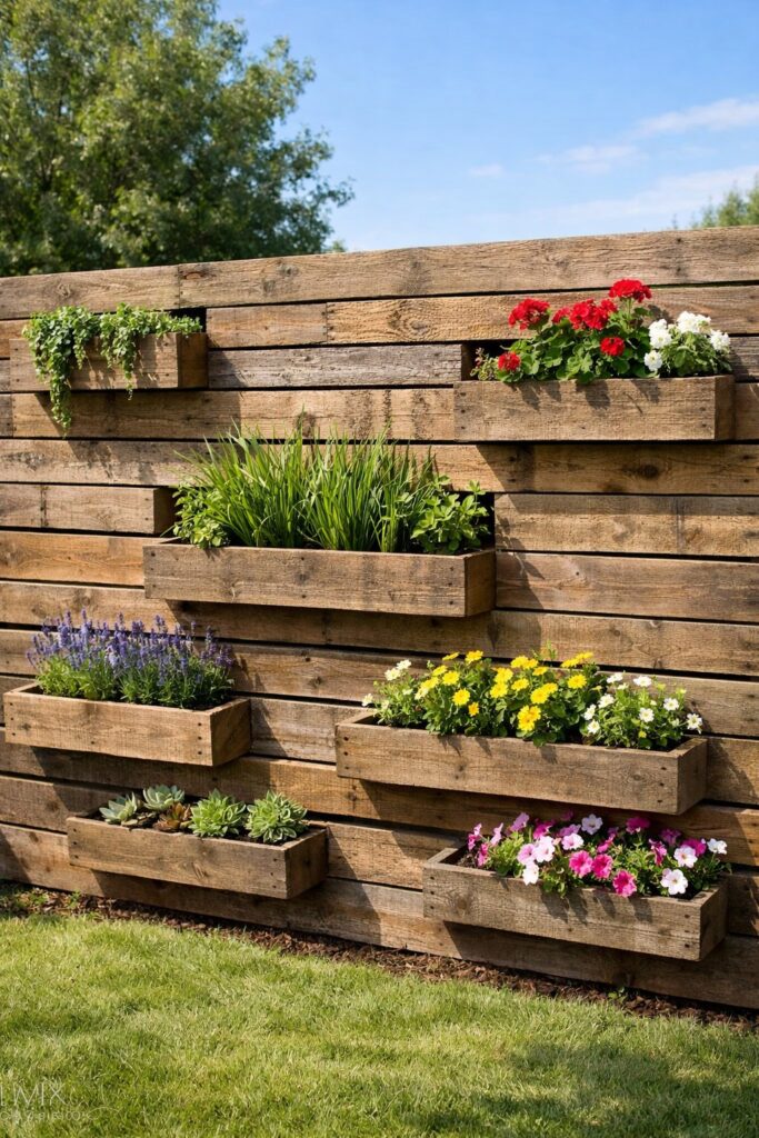 DIY pallet wood privacy wall with built-in planters