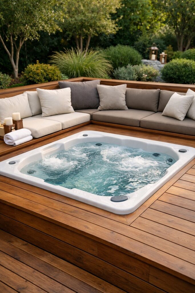 Hot tub surrounded by built-in seating