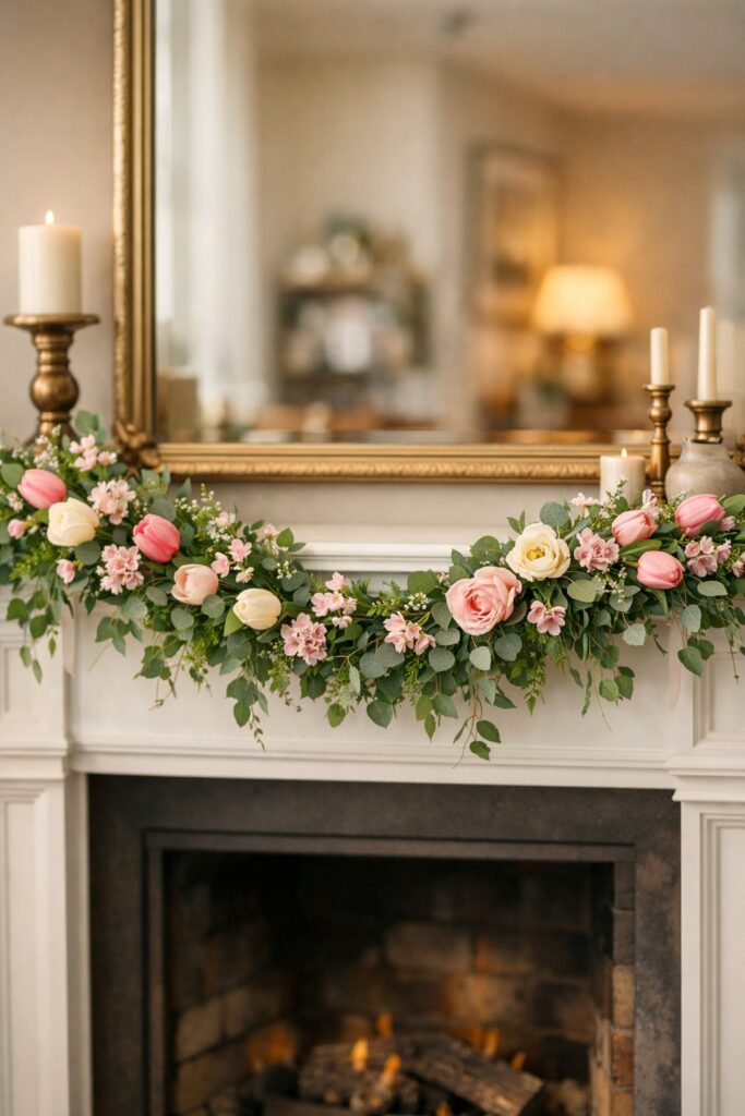 Incorporate blooming garlands draped across the mantel