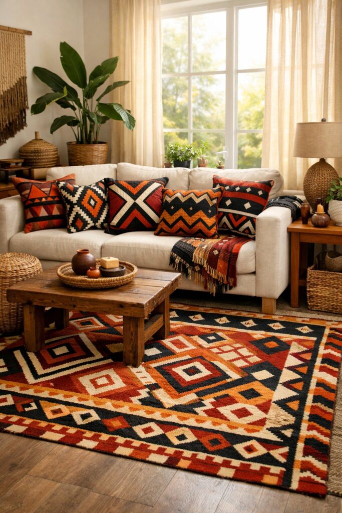 Incorporate traditional African tribal prints on cushions and rugs