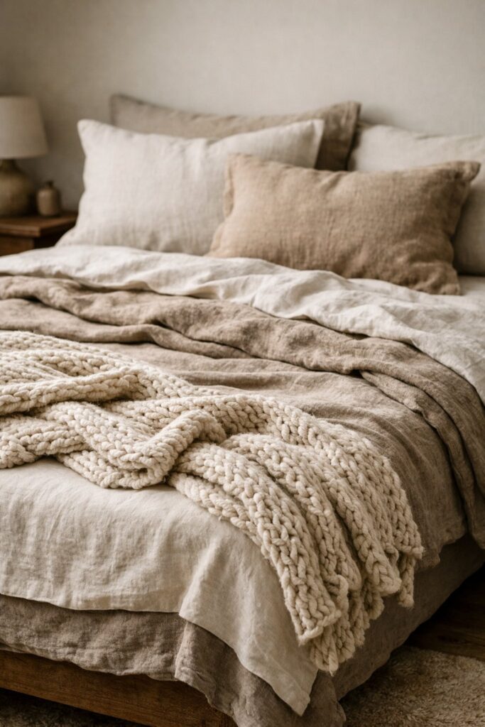 Layer linen sheets with a chunky knit throw