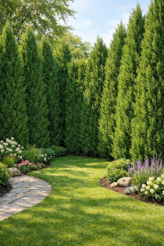 Lush evergreen hedges like Leyland cypress