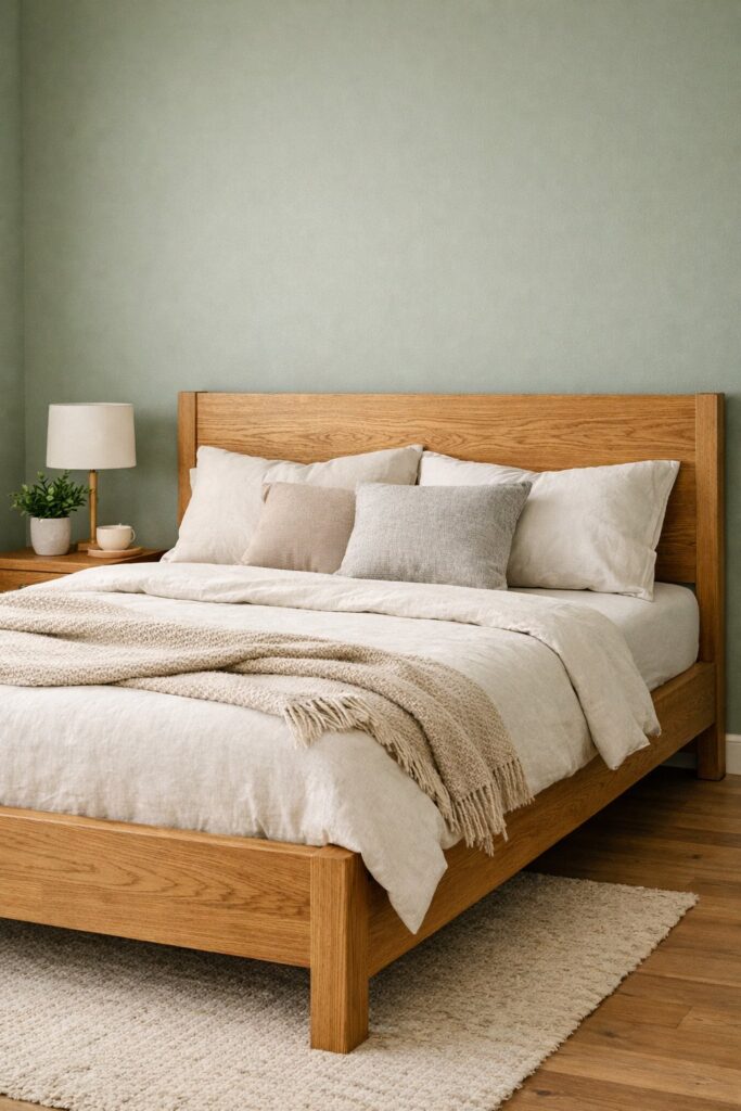 Natural wood bed frame against sage walls