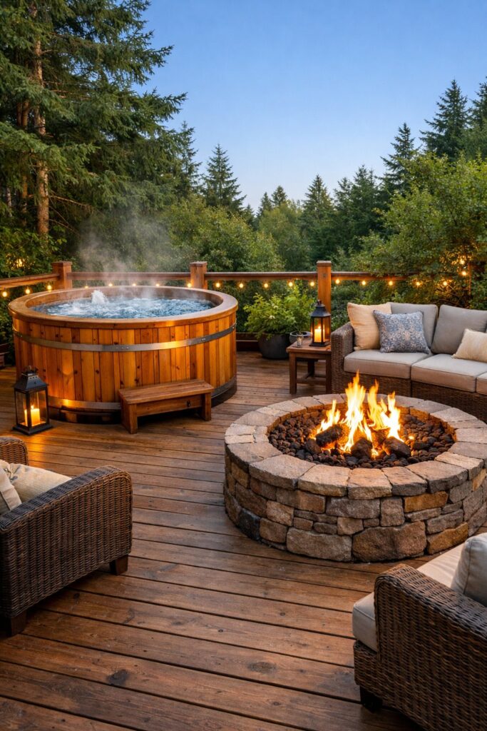 Rustic wooden deck combining cedar hot tub and round fire pit