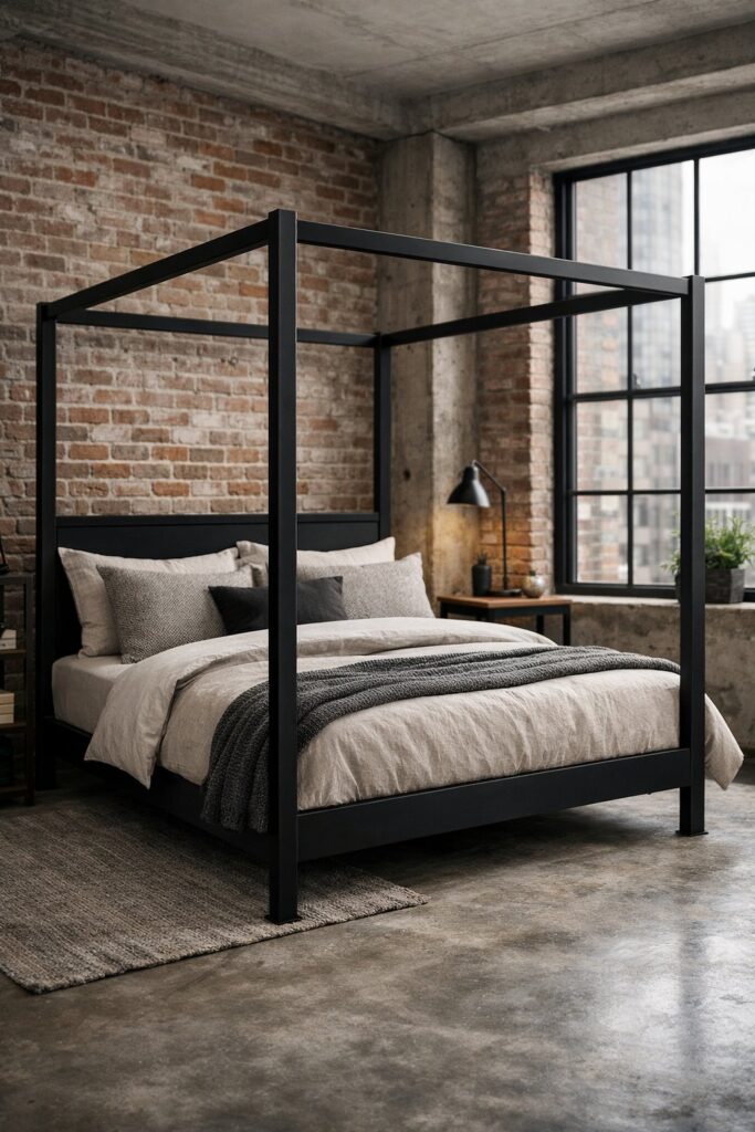 Sleek black matte metal canopy bed for an industrial look