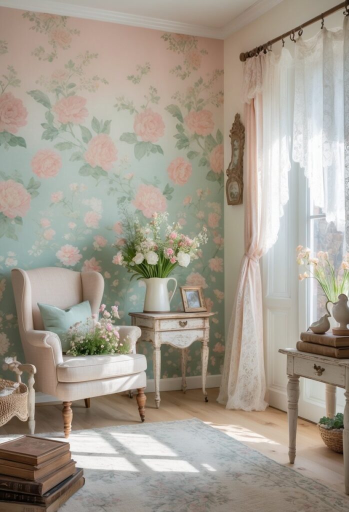 2. Use faded floral wallpaper as an accent wall