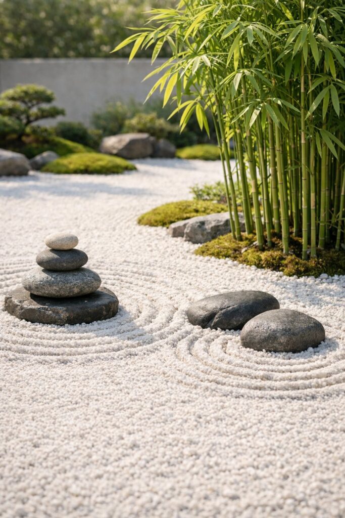 Zen-Garten mit Kies und Bambus