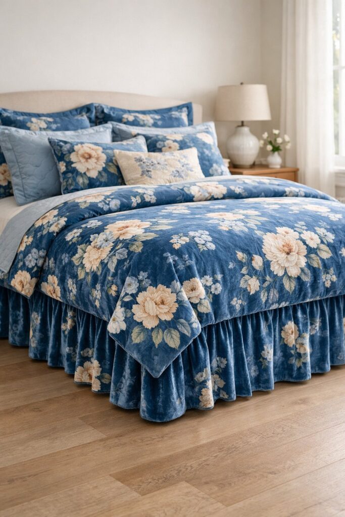 Blue floral velvet bed skirt