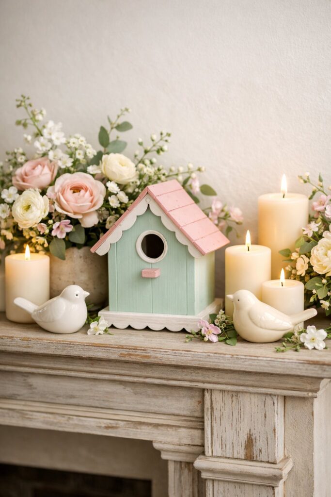Include a small birdhouse painted in spring colors