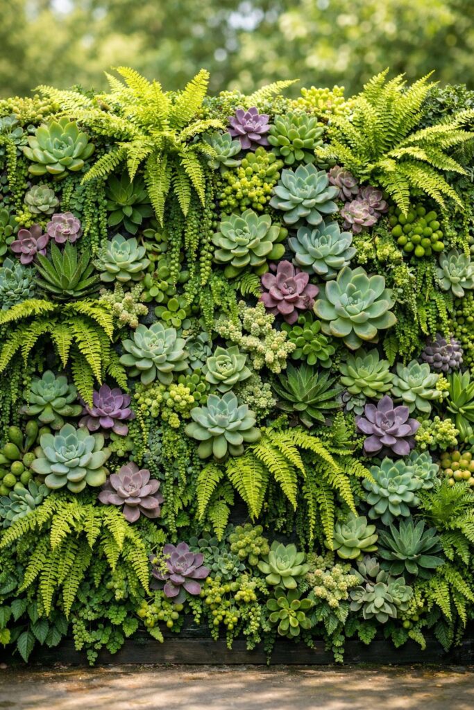 Living walls combining succulents and ferns